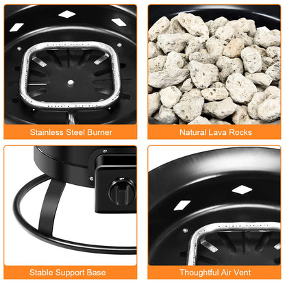 Giantex Portable Propane Fire Pit, 19" Outdoor Firepit, 58,000BTU Fire Bowl w/Cover & Carry Kit,Lava Rock Stone & Tank Stabilizer Ring, Gas Fire Pit for Outside Camping,Patio, Backyard, Black