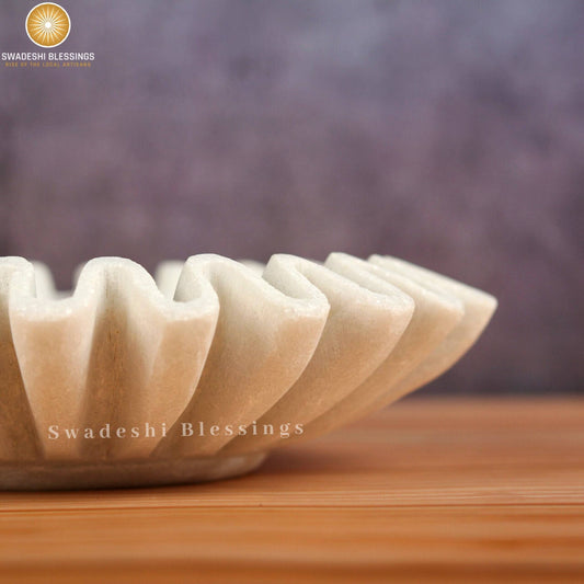 SWADESHI BLESSINGS HandCrafted Marble Ruffle Bowl/Antique Scallop Bowl/Fruit Bowl/Vintage Ring Dish/Decorative Flower Dish/HouseWarming Gift/Wedding Gifts/Urli (9 Inches)