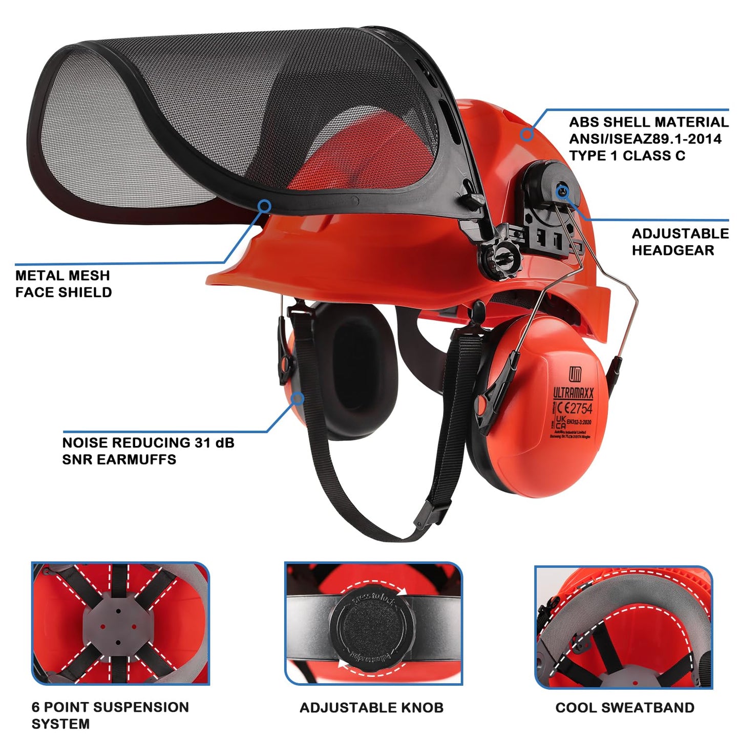 UM ULTRAMAXX 6-in-1 Chainsaw Helmet with Mesh Face Shield and Hearing Protection Ear Muffs, Forestry Safety Hard Hat Kits, ANSI Z89.1 Approved Certified Arborist Helmet, Orange