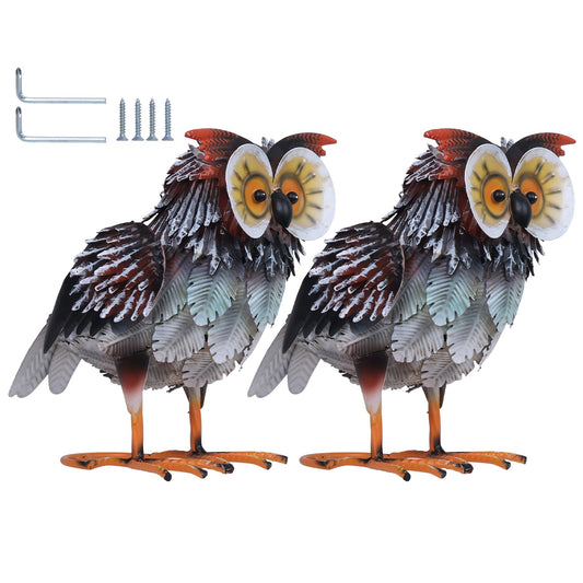 hogardeck Owl Garden Decor Outdoor Statues, 2PCs Large Metal Bird Standing Yard Art, Lawn Sculptures Ornaments for Outside Patio Pond Backyard, Holiday Sympathy Gifts for Grandma Mom
