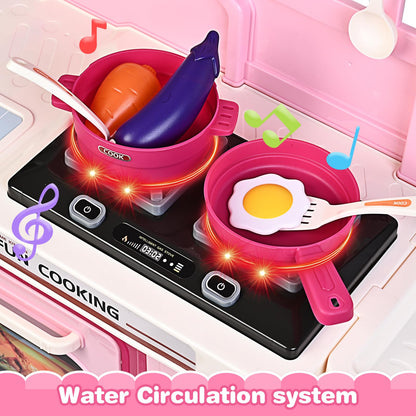 Play Kitchen Set, Kids Kitchen Playset with Realistic Sound & Light, Cooking Stove, Sink, Play Food and Accessories, 57 Pcs Kitchen Toys Gifts for Toddlers 2-4 3-5 Girls (Pink)