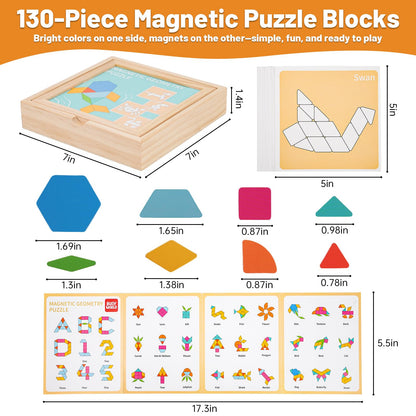 ODRIEW 130 Pcs Wooden Magnetic Pattern Blocks Set, Montessori Tangram Puzzle with Pattern Cards & Storage Box, STEM Educational Toy for Toddlers & Kids Ages 4–8, Creative Gift for Boys & Girls