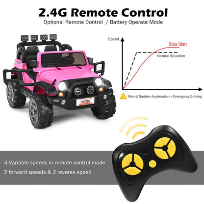 Costzon 2-Seater Ride on Truck, 12V Battery Powered Electric Vehicle Toy w/Storage, Remote Control, 3 Speed, LED Lights, MP3, Horn, Music, 2 Doors Open, Spring Suspension, Ride on Car for Kids (Pink)