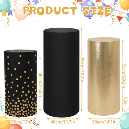 Tigeen 3 Pcs Cylinder Pedestal Stand Covers for Party Cylinder Pedestal Covers Decoration Elastic Pillars Plinth Display Cover for Birthday Wedding Baby Shower Table Decor(Classic,Gold and Black)