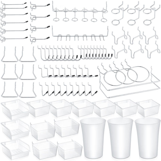 Zubebe 106 Pcs Pegboard Hooks Assortment with Bins, Pegboard Accessories Organizer Kit Include Bins with Hooks and Loops Paper Towel Craft Holder for Hanging Tool(Silver, Clear)
