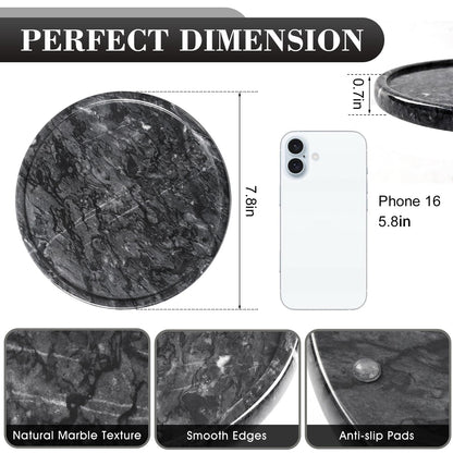 Woduelka Natural Round Marble Tray - 7.8" Marble Vanity Tray for Dresser, Bathroom, Decorative Jewelry Dish for Perfumes Rings Earrings Necklaces, Stone Tray for Home Décor, Black