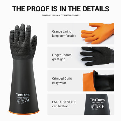 ThxToms Heavy Duty Rubber Gloves, Industrial Chemical Resistant Gloves Waterproof Reusable Protective Work Gloves for Cleaning, Dishwashing,Upgraded with Non-Slip Design, Black, 18" 1 Pair