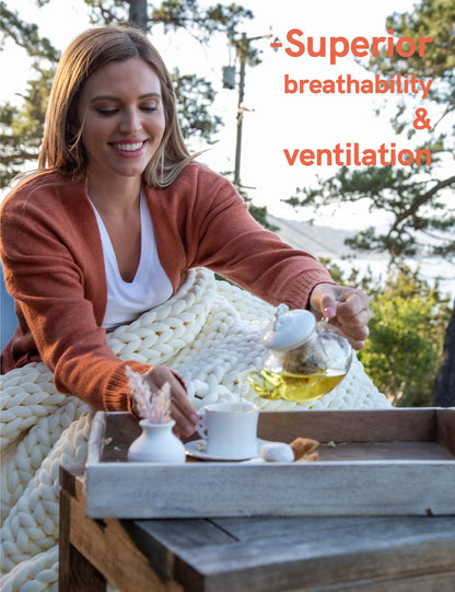 YnM Cotton Weighted Blanket, Handmade Chunky Knitted Design, Soft and Cozy, Temperature Regulating and Breathable, Machine Washable Throw for Sleep or Home Decor (Cream White, 60x80 Inch, 25lbs)