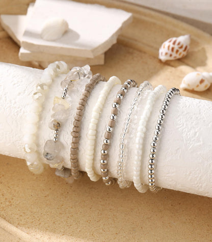 Noessla Boho Beaded Bracelets for Women Stackable Irregular Natural Stone Bead Stretch Bracelet Set 8PCS Costume Jewelry Gifts for Her(Beige)