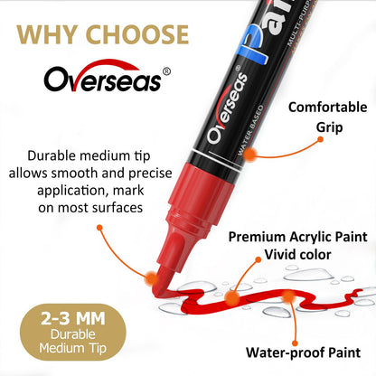 Overseas White Paint Pens - Permanent Acrylic Paint Markers 12 Pack, Water-Based, Quick Dry, Waterproof Marker Pen for Rock, Wood, Plastic, Metal, Canvas, Glass, Fabric, Tire, Mugs. Medium Tip