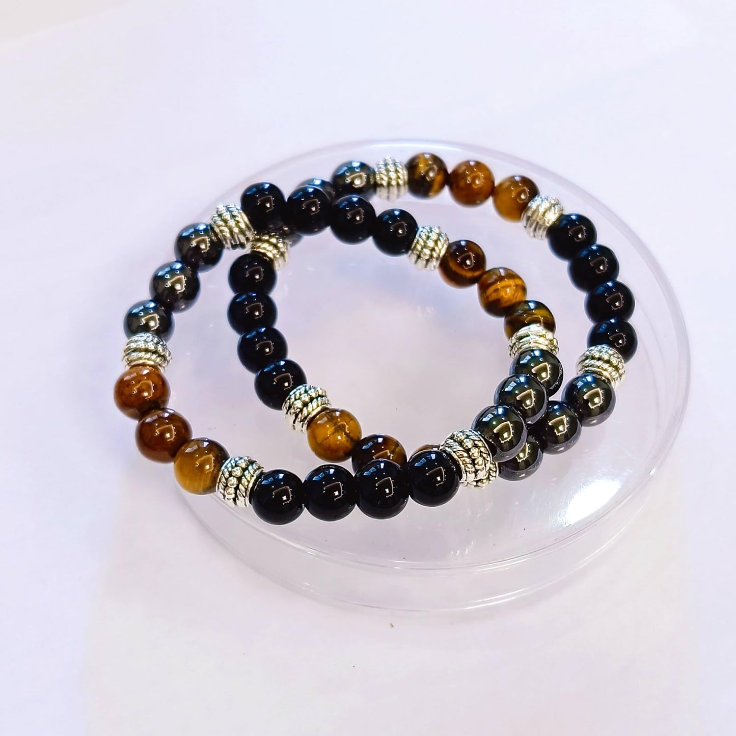WEFRIN Triple Protection Bracelet for Bring Luck and Prosperity Hematite Black Obsidian Tiger Eye Stone Bracelets for Men Women, Beaded Buddha Healing Rope Uni Bracelet (2pcs)