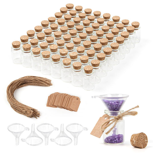 CHERLU 5ml Small Glass Bottles with Cork Stoppers, Pack of 100, Wishing Glass Jars with Lids with Personalized Label Tags and String, Mini Bottles for DIY Crafts, Wedding Party Favors