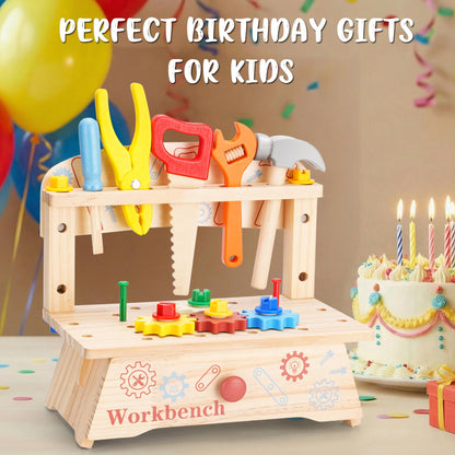 REXBETI Kids Tool Set, Wooden Toddler Tool Set with Apron, Toddler Tool Bench, Educational Montessori Toys for 3 Year Old Boys, Pretend Construction Kits, Birthday Gifts for 3 4 5 Year Old Boy Girl