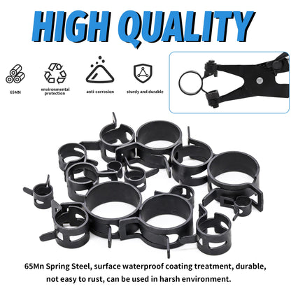 PEROMI 130Pcs 6-25mm Spring Band Hose Clamps With Swivel Flat Hose Clamp Plier Assortment Kit, Constant Tension Steel Clamps for Fuel Lines, Silicone, Vacuum Hoses & Low-Pressure Air Clips