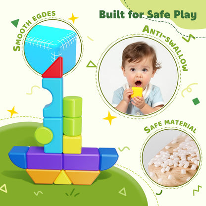 Pairez Toys Magnetic Blocks, Large Building Blocks for Toddlers 1-3, Multi-Shape 3D Stacking Blocks Set, Montessori Learning Sensory Magnet Toys for Boys Girls, Kids Gift (14pcs)