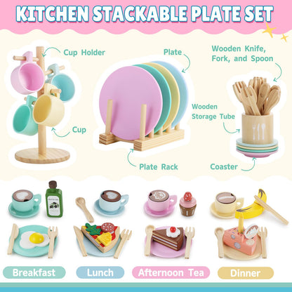 GAGAKU Kids Wooden Play Dishes Set -27Pcs Montessori Play Kitchen Accessories Plates and Bowls Set, Storage Stand & Play Food, Pretend Cooking Toys for Ages 3-5, Educational Gift for Toddler