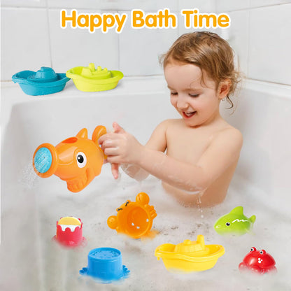 Water Table Toys for Toddlers 1-3, 16PCS Bath Toys for Babies 6-12 Months wtih Floating Boats, Stacking Cups, Shark Water Can & Marine Animal Silicone Toys, Pool Beach Idea Gift for Boys Girls