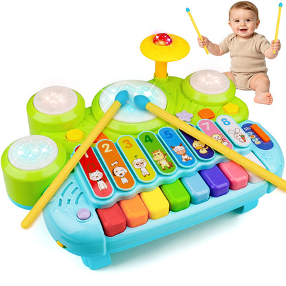 Baby Piano Drum Set for Toddlers 1-3, Musical Toys 3 in 1 Baby DJ Table Piano Keyboard Xylophone Instruments for 1 2 Year Old Boys Girls Music & Light Activity Table 6-12-18 Months Old Birthday Gifts