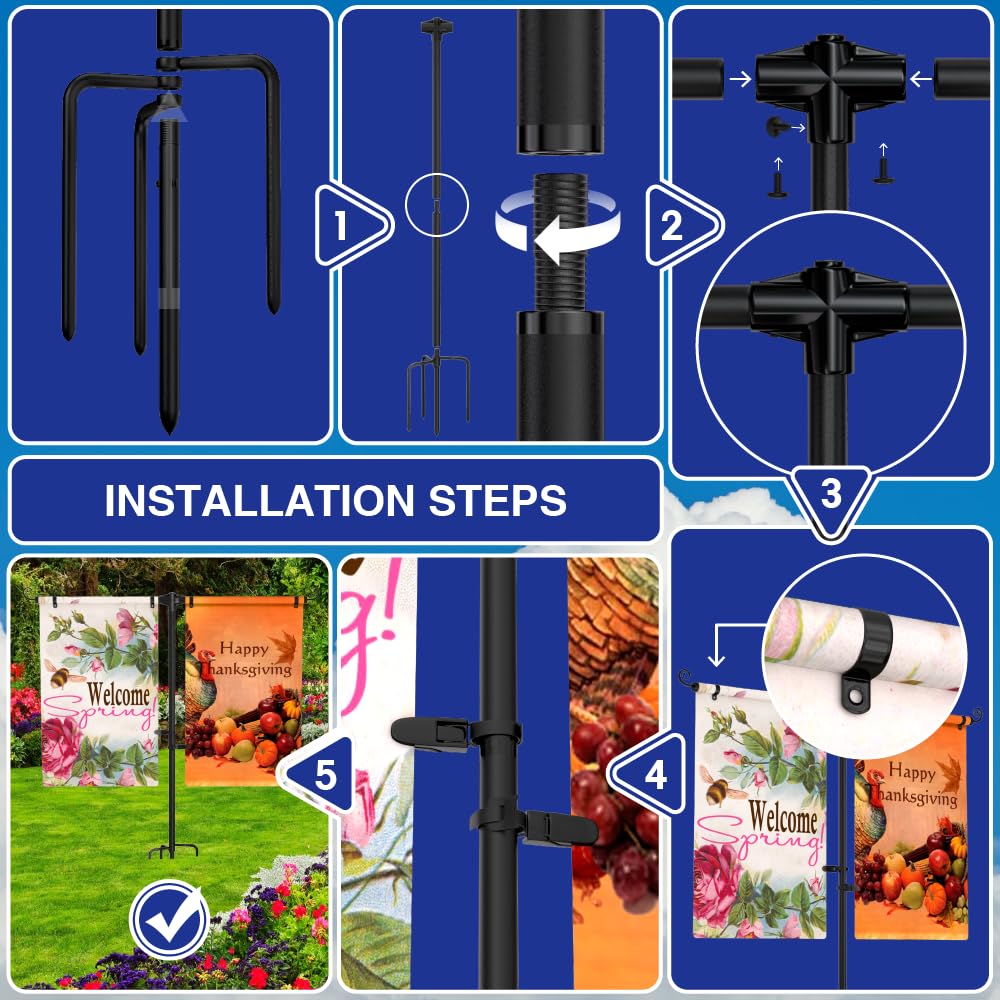 SCWN Garden Flag Stand Holder w/4-Prong Base, 3/4 Inch Extra Thick Heavy Duty Yard Flag Holder for Double Small Flags 12x18, Garden Flag Pole for Outside Patio Decor