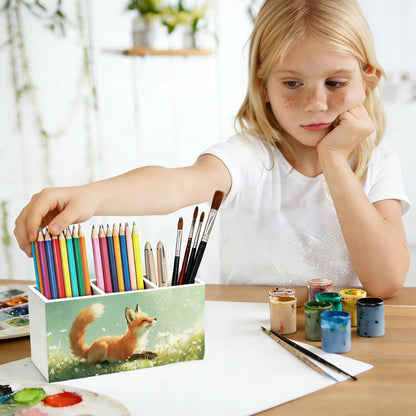 SkyCozy Fox Pen Pencil Holder for Desk, Fox Gifts for Women Men, Animal Lovers Gifts, Rustic Wildflower Wild Animal Wooden Box Sign Decorations for Kids Room Bedroom Home Office Desk Tabletop