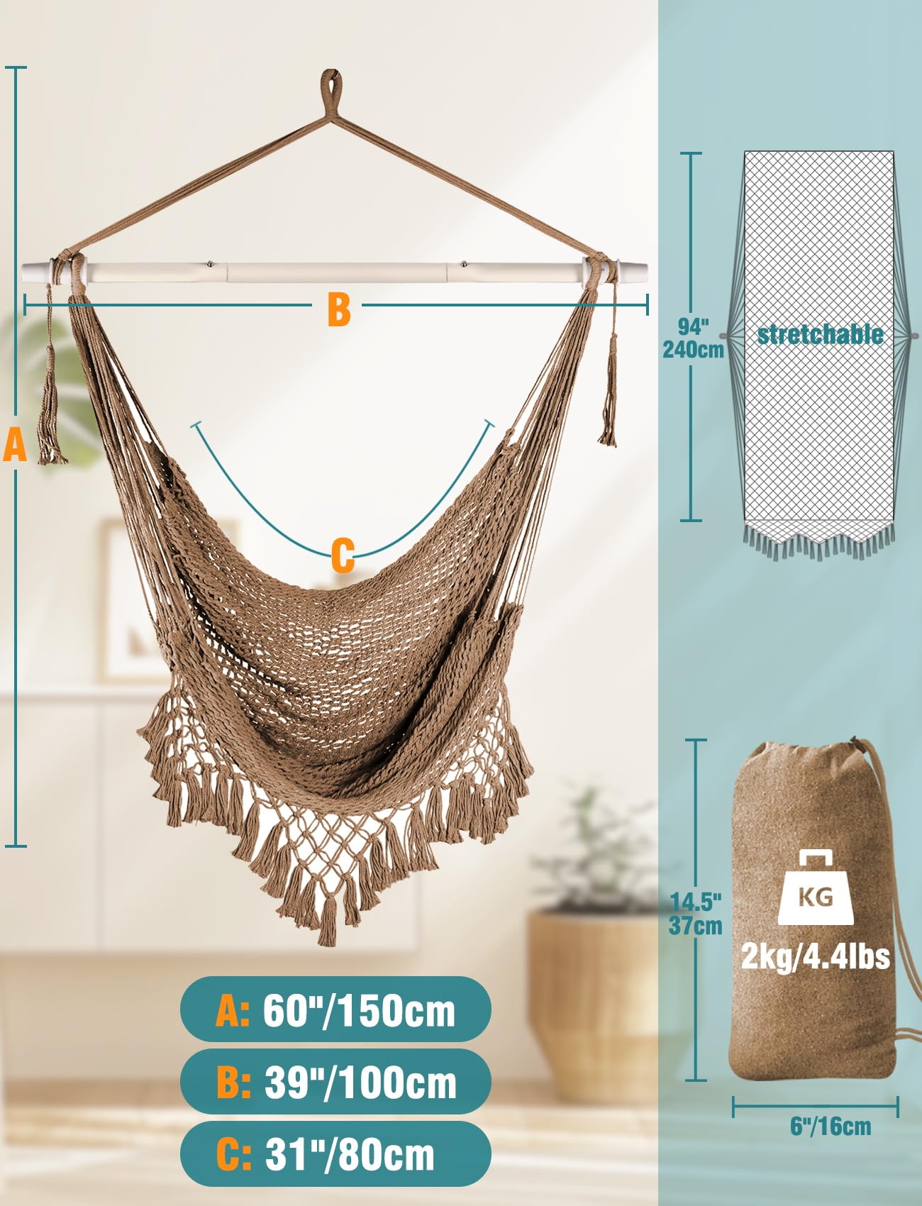 Chihee Hammock Chair Handmade Hanging Chair Cotton Rope Woven Hanging Seat Soft-Spun Large Stretch Hammock Swing, Collapsible Strong Metal Spreader Bar Elegant Macrame Comfort Indoor Outdoor Garden
