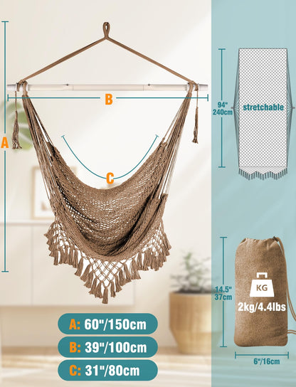 Chihee Hammock Chair Handmade Hanging Chair Cotton Rope Woven Hanging Seat Soft-Spun Large Stretch Hammock Swing, Collapsible Strong Metal Spreader Bar Elegant Macrame Comfort Indoor Outdoor Garden