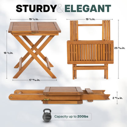 Idzo Mira Acacia Wood Folding Bistro Side Table Outdoor, 19.5 Inch x 19.5 Inch, Heavy Duty 200 Lbs Capacity Loading, Space-Saving for Garden & Balcony, No Assembly