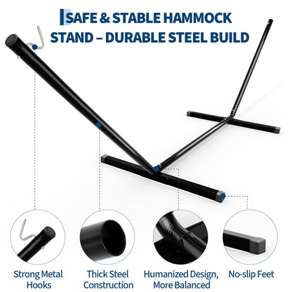 Garvee 12 FT Hammock Stand with Hooks and Chains, Portable 2 Person Heavy Duty Steel Hammocks Stand for Outside, Patio, Backyard, 450 Pounds Capacity, Black
