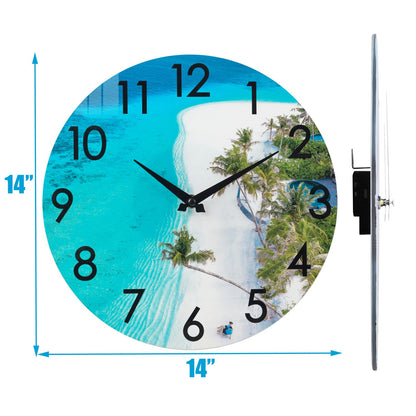 Crosstime 14 Inch Outdoor Wall Clock - Waterproof Tempered Glass, Silent Non-Ticking Easy to Read, Blue Beach Nautical Coastal Decor for Patio, Pool, Garden, Backyard
