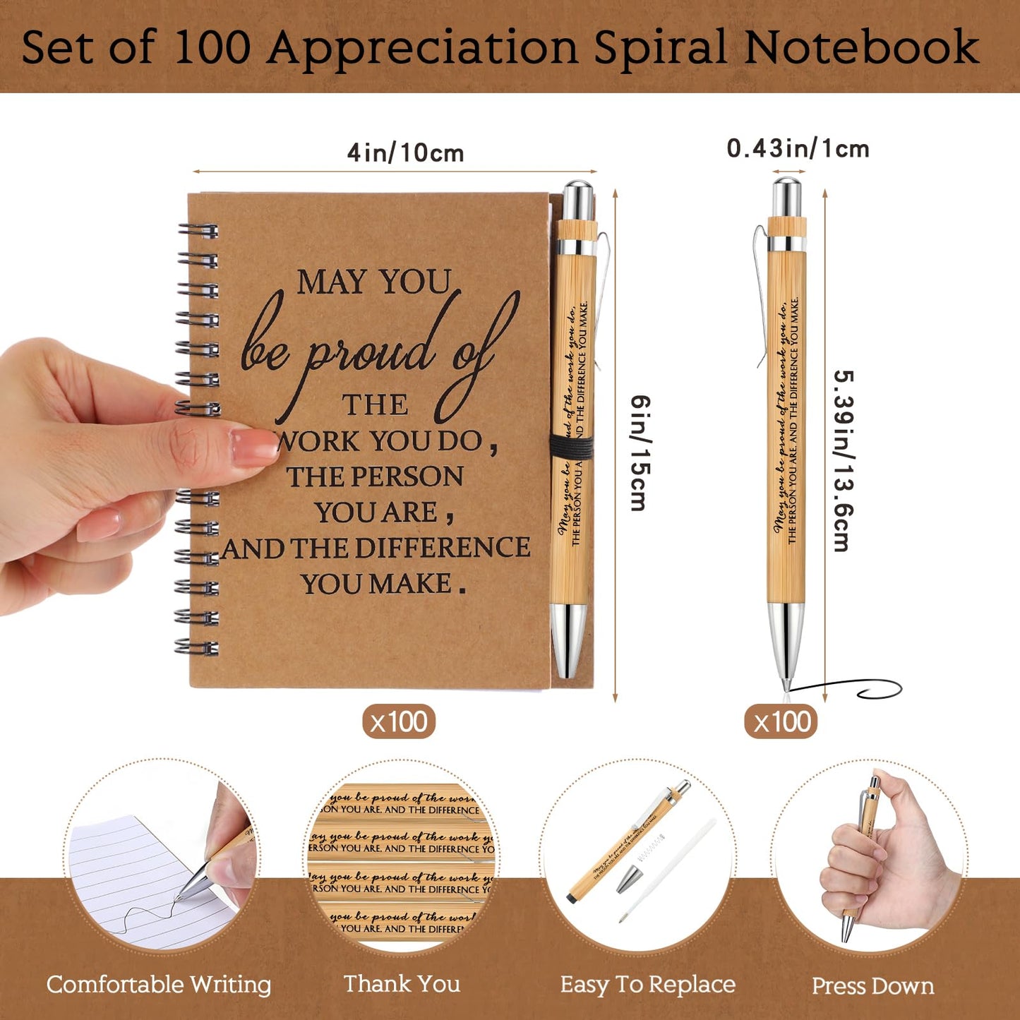 Honoson 100 Sets Employee Appreciation Gifts Appreciation Notebooks with Ballpoint Pens Mini Spiral Inspiration Journals Bulk Thank You Gifts for Group Coworker Staff Teachers Volunteers