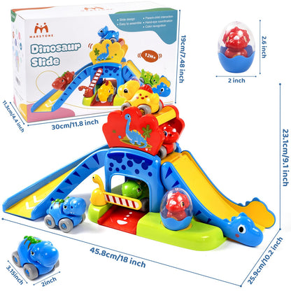 Marstone Toddler Toys 1 2 Year Old Boy Gifts: Dinosaur Slide with 4 Animal Cars Educational Baby Toys 12-18 Months, First 1st Birthday Gifts for Kids, Girls, Push Car Race Track for Toddlers 1-3