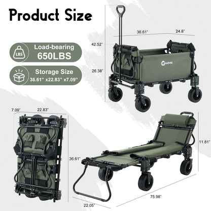 2-in-1 Beach Wagon Cart, Folding Collapsible Wagon with Large Capacity, Converts to Lounge Chair, All-Terrain 360° Swivel Wheels, Heavy-Duty Carbon Steel Wagon for Beach, Camping & Garden-Green