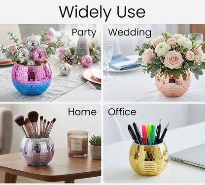 SILFGRLF 2 PCS Disco Ball Pencil Holder for Desk - Cute Office Decor & Makeup Brush Organizer, 4 Inch Sparkly Glass Pen Cup, Fun Desk Accessories for Women (GOLD)