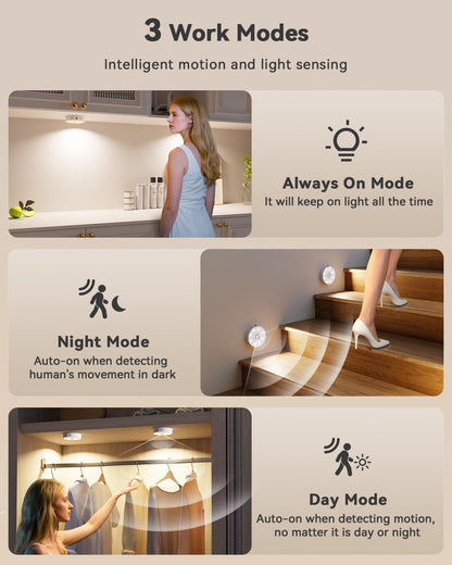 LENOMA Puck Lights with Remote, Rechargeable Under Cabinet Lighting, 3 Color Temps, 12 RGB Color LED Motion Sensor Lights Wireless, Dimmable Tap Lights for Closet, Kitchen, Shelf, Stair, 4 Pack
