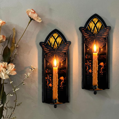 AimtoHome Gothic Wall Candle Sconces Set of 2, Butterfly and Moon Iron Wall Mounted Candelabra Holder with Removable Trays for Taper & Pillar Candles, Romantic Garden & Boho Home Decor