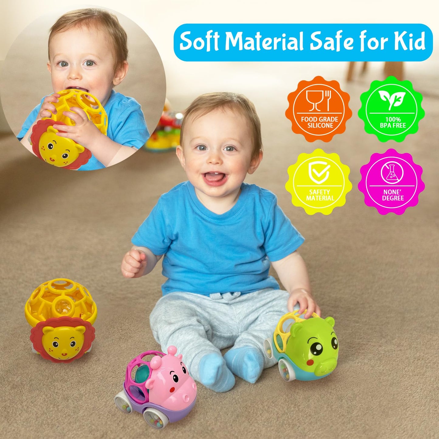 Baby Rattles Toy Car for Toddler Aged 1-3, 5.7in x4.33in Soft Rubber Montessori Sensory Toy for 0-6-12 Months Baby Gifts, Easter Basket Stuffers for Toddler, 1st Birthday Gifts for 1-2 Years Old Boys
