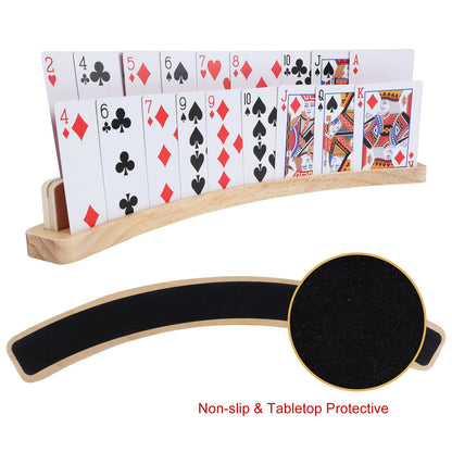 Offelec 4 Pack Wooden Playing Card Holders – 14 Inch 2-Slot Curved Card Holder for Kids, Adults, Seniors, with Non-Slip Base, Stackable Deck Organizer for Bridge, Poker, Strategy Games & Family Nights