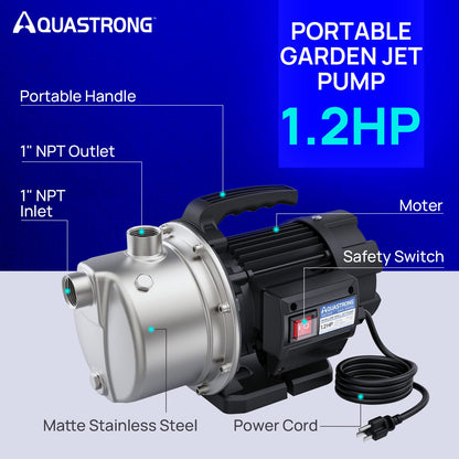 Aquastrong 115V Shallow Well Garden Pump, Stainless Steel, 1210 GPH, Water Transfer Draining Irrigation Sprinkler Pump, for Lawn,Garden,1.2 HP Portable