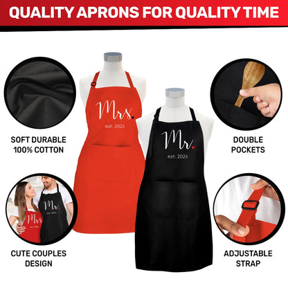 Prazoli Products Mr Mrs Apron Set - Engagement Gifts, Wedding & Bridal Shower Gifts for Couple (Mr. & Mrs. Est: 2026 - Red, Standard)