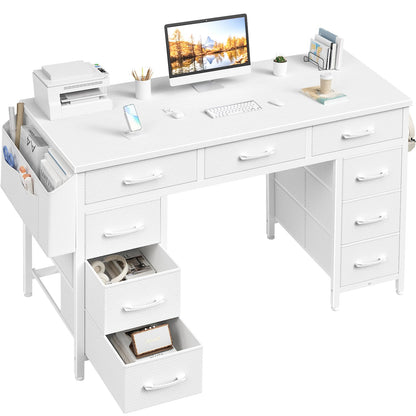 Lufeiya 47 Inch Computer Desk with 9 Drawers, Office Desk Work Desk for Home Office, Study, Writing, Vanity Desk with Fabric Drawers on Both Sides, Large Storage, White