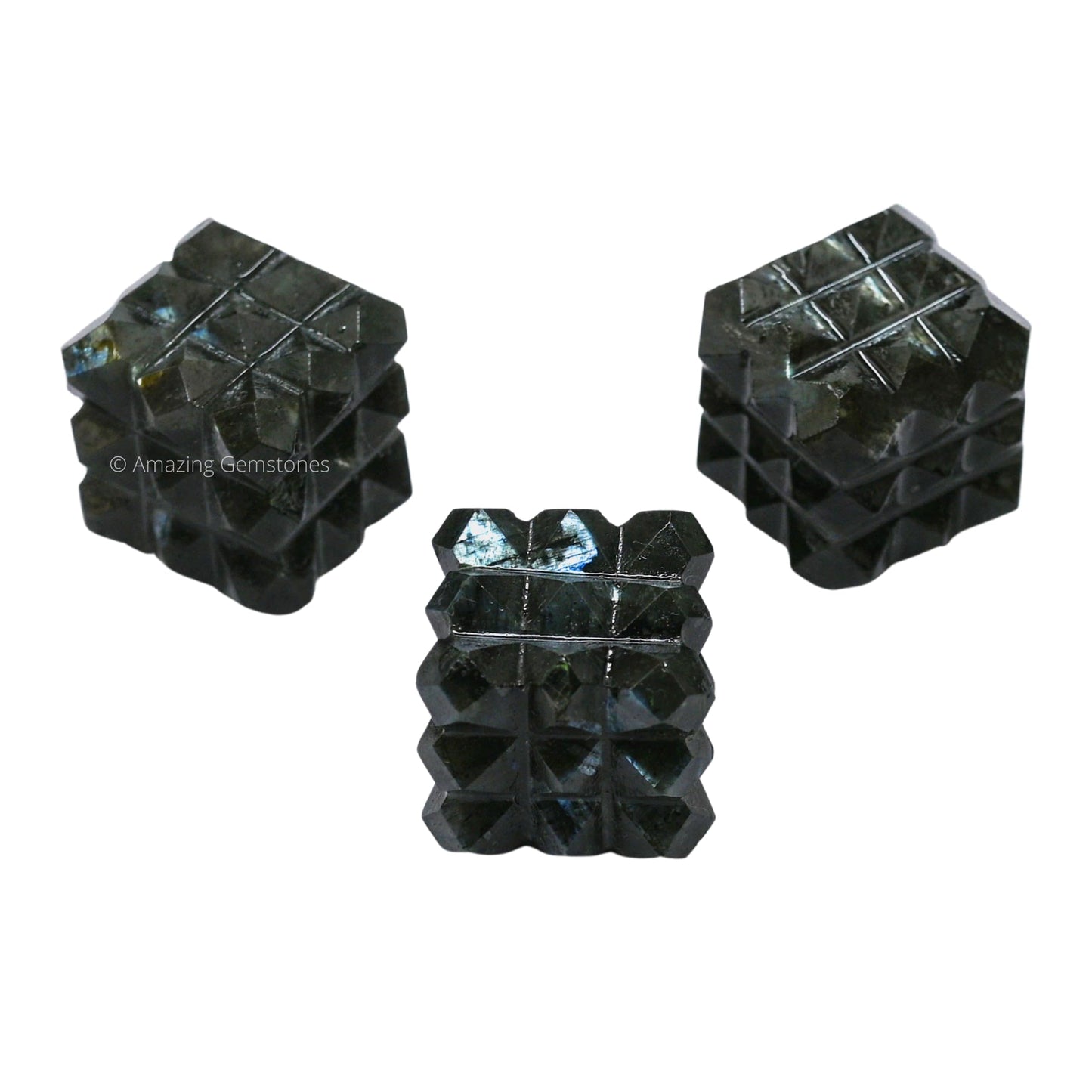 Amazing Gemstone Labradorite Crystal Cube with 54 Pyramid - 1" Mini Lemurian Pyramid Cube Figurine of Natural Stone Pyramid for Meditation, Reiki, Chakra Balancing Vastu Pooja and Crystal Grids