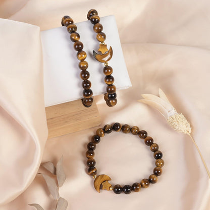 TUMBEELLUWA Half Moon Star Crystal Bracelet Healing Stone 8mm Beads Handmade Stretch Charm Jewelry for Women Spiritual, Tiger's Eye Stone