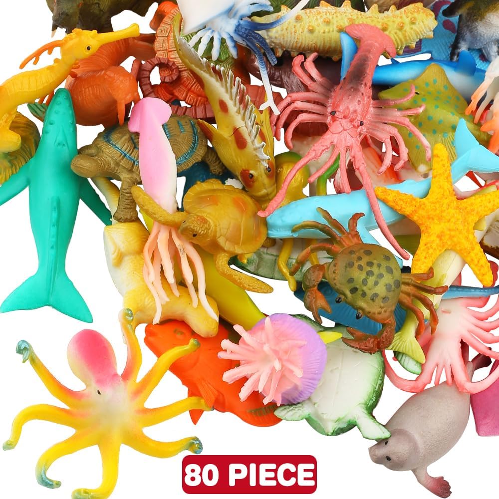 80 Pcs Mini Ocean Sea Animal Toys, Underwater Sea Life Figures Playset, Educational Learning Toys for Kids, Early Childhood Education, Ideal for Gift, Party Favors, Classroom Prizes, Pretend Play