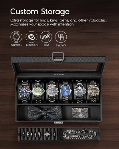 Vlando 6-Slot Watch Case for Men, Watch Box with Glass Lid, Storage for Rings, Keys, Business Textured Leather Organizer Display Case, Soft Pillow, Gifts for Fathers, Dad, Husband - Black