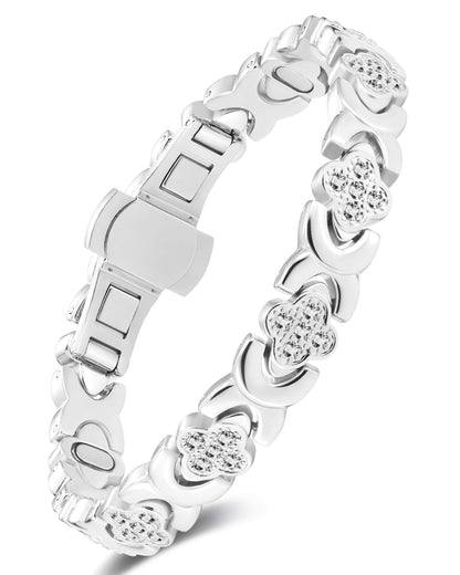 Feraco Pure Copper Bracelets for Women, 5X Ultra Strength Magnetic Bracelet with 5000 Gauss Magnets & Sparkling Cubic Zirconia, Upgraded Butterfly Clasp, Infinite Clover Jewelry Gift (Silver)