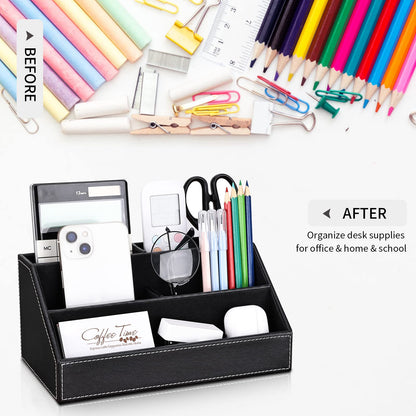 KINGFOM 5PCS Desk Organizer and Accessories Set, Pu Leather Office Supplies with Multifunction Desktop Organizer Storage Box, Tissue Holder, Mouse Pad, Note Paper Holder, Pencil Holder for Desk Black