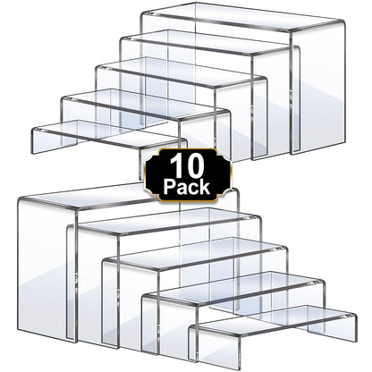 Aheroi Large Acrylic Risers, 10 Pcs 2 Set(7”L~8”L~9”L) Riser Display Shelf, Clear Rectangular Display Stands Set, Transparent Shelves for Decor, Showcase Holder for Cupcake