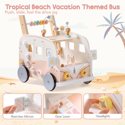 ROBUD Wooden Baby Walker, Height & Speed Adjustable Baby Push Walker with Anti-Slip Wheels, Developmental Activity Center with Ocean Vacation Theme, Wooden Walkers for Babies Learing to Walk，Pink