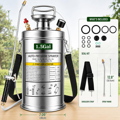 Kweetle 1.5Gal Stainless Steel Pump Up Sprayer Reinforced Hose, Hand Pump Sprayer with Pressure Gauge&Safety Valve, Adjustable Nozzle Suitable for Gardening (1.5 Gallon)