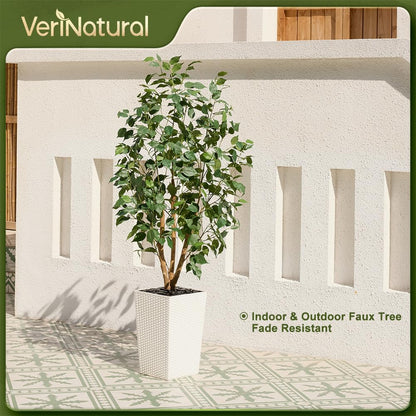 VeriNatural 5ft Artificial Ficus Tree,Tall Faux Tree with Pebbles & Planter UV Resistant Potted Fake Plant with Silk Leaves & Real Wood Trunk,Indoor Outdoor Floor Plant for Home,Living Room,VN129